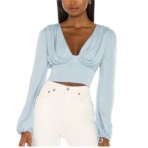 NBD S Womens Giavanna Blouse Baby Blue Lightweight Ruched Deep V